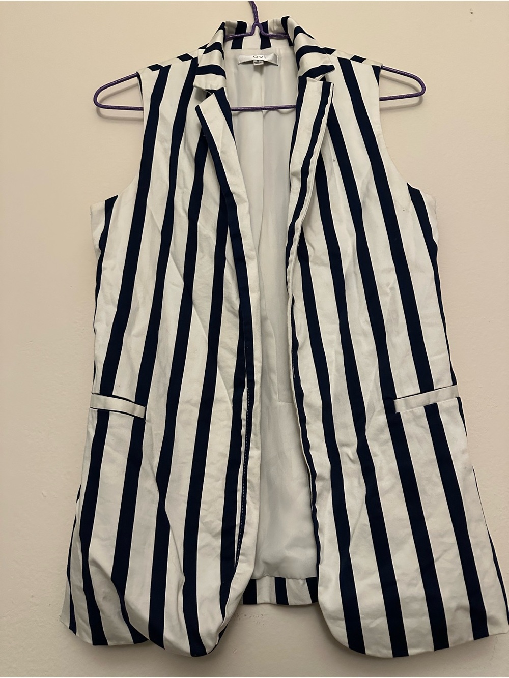 Ovi Black & White Vertical-Striped Sleeveless Blazer